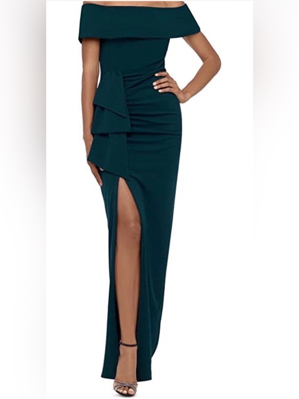 Women’s Xscape Long Off the Shoulder Scuba Crepe Slit Dress Sz 16 Pine Green